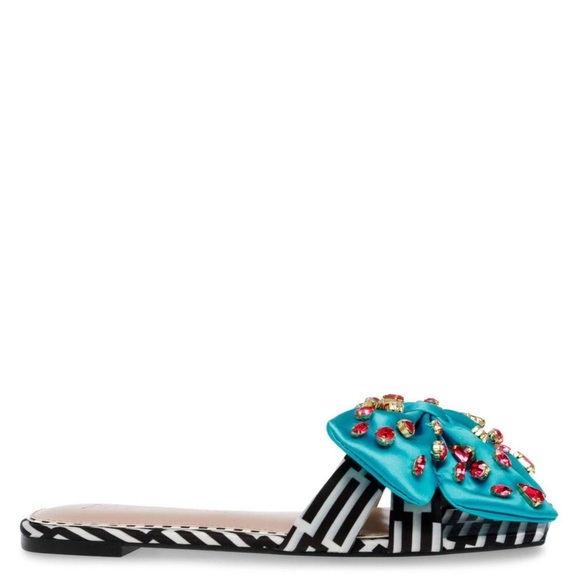 Betsey blue bow pink gem rhinestone bling geometric black white Slide Sandal hot - Picture 2 of 3